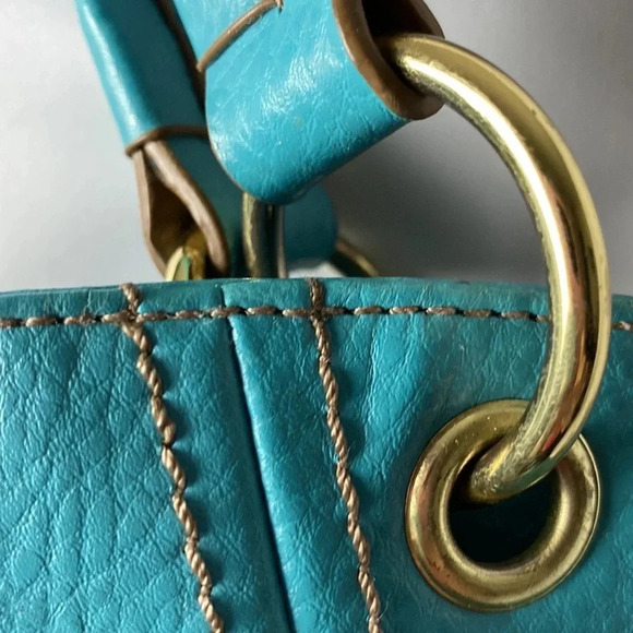 RELIC TURQUOISE SHOULDER STRAP PURSE TAN STITCHING LINED SNAP CLOSE POCKETS - Picture 12 of 13